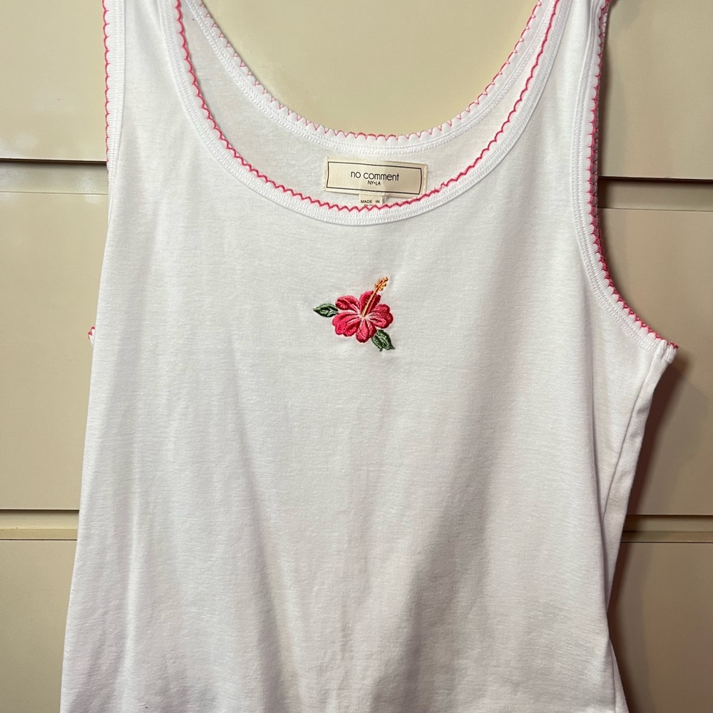 No Comment White Tank Top with Pink Floral Embroidery